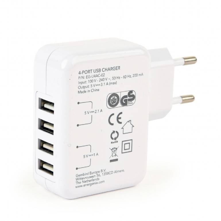 Energenie Uni-4-fach USB-Ladegerät 15 W Steckdose Ausgangsstrom (max.) 3100 mA USB Anzahl Ausgänge: 4 x