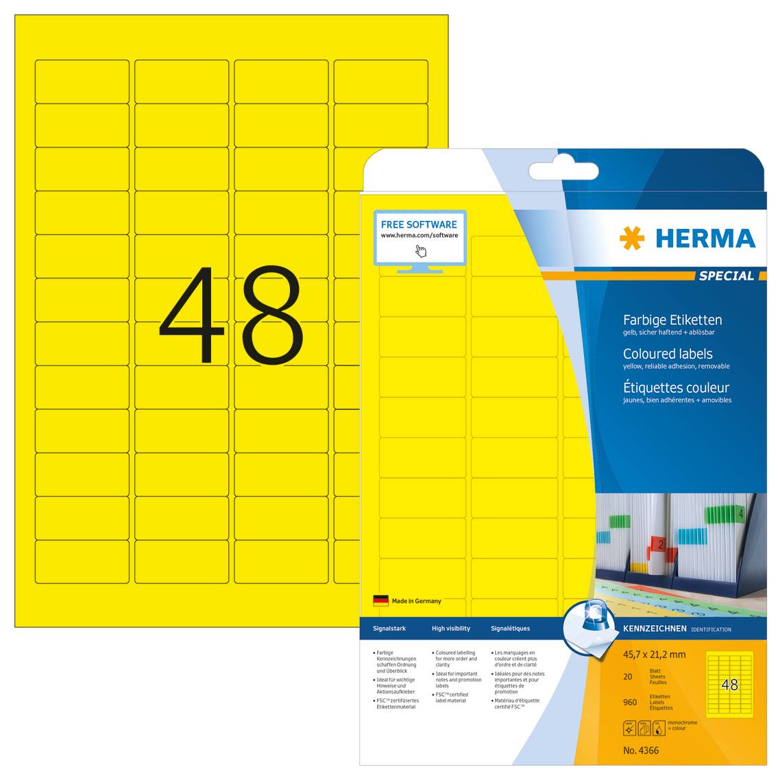 HERMA Special - Papier - matt - permanent selbstklebend - Gelb - 45.7 x 21.2 mm 960 Etikett(en) (20 Bogen x 48)
