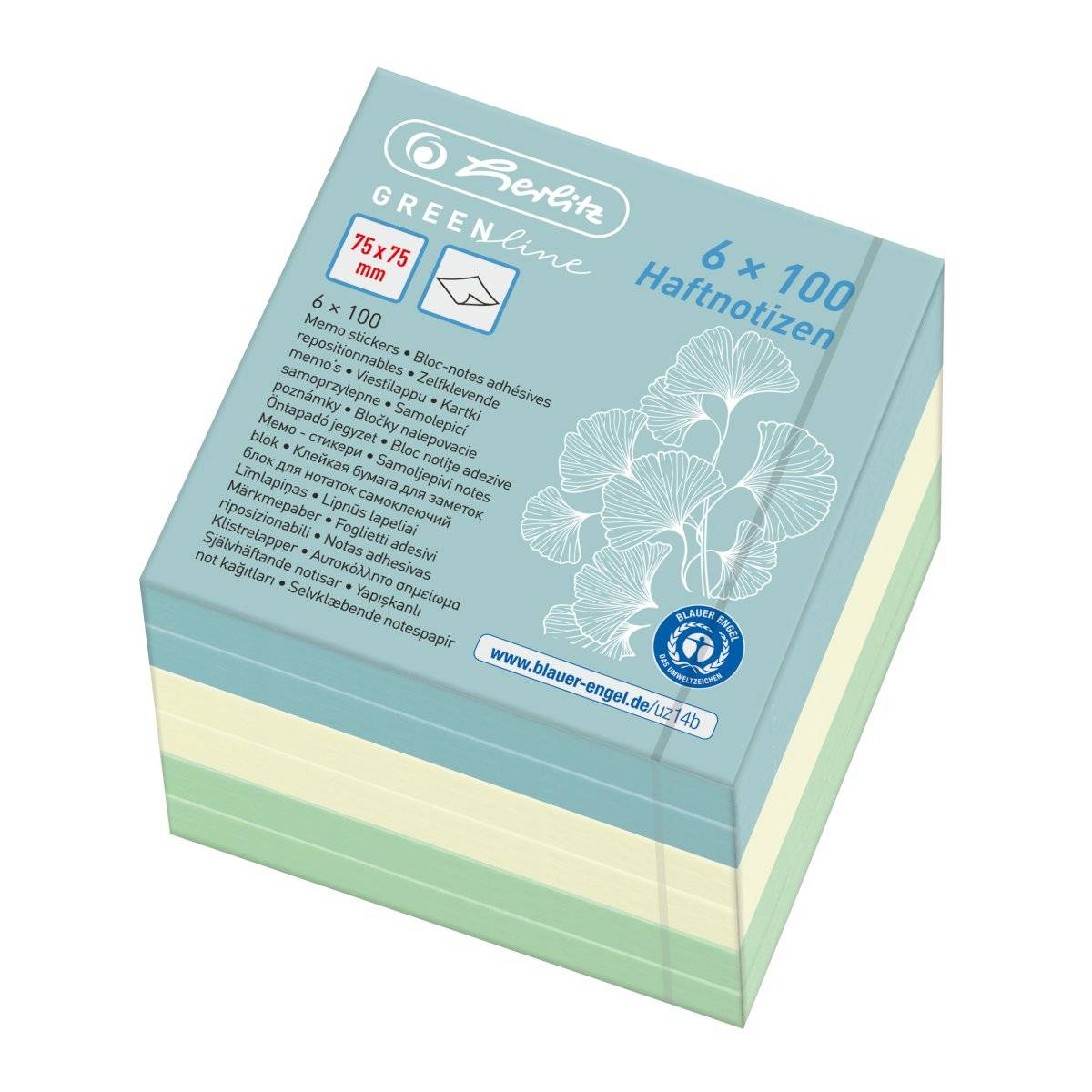 Haftnotizblock 75x75mm Greenline farbig sortiert Farbmix 6x100 Blatt