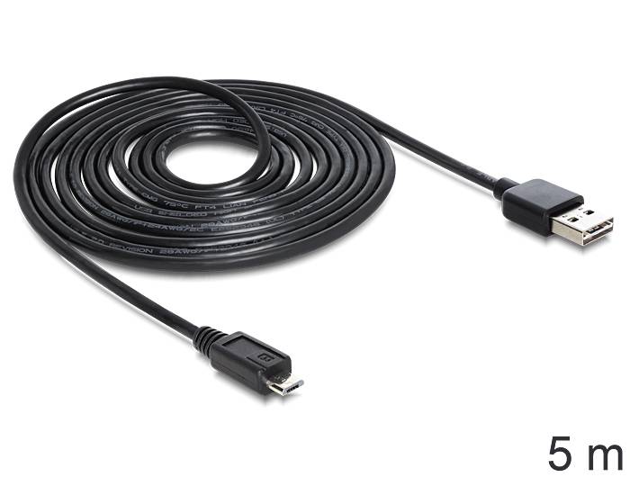 Delock USB-Kabel USB 2.0 USB-A Stecker, USB-Micro-B Stecker 5.00 m Schwarz beidseitig verwendbarer Stecker, vergoldete Steckkontakte