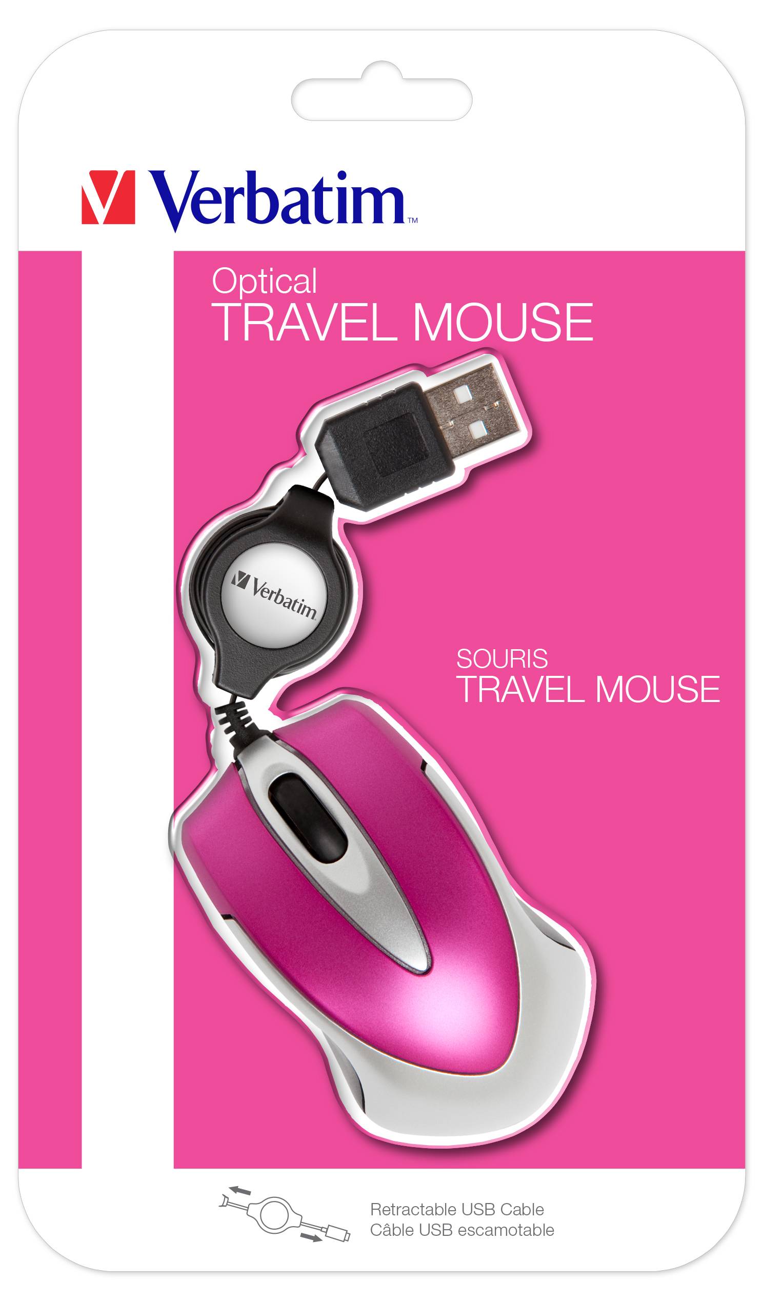 Verbatim Go Mini Maus USB Optisch Pink 3 Tasten 1000 dpi mit Kabelroller
