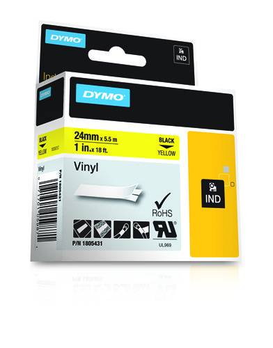 Schriftband DYMO IND RHINO 1805431 Vinyl Bandfarbe: Gelb Schriftfarbe:Schwarz 24 mm 5.5 m