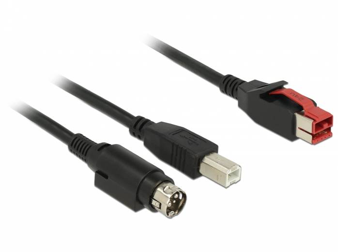 Delock USB-Kabel USB 2.0 PoweredUSB 24V Stecker, USB-B Stecker, Hosiden Mini-DIN 3pol. Stecker 3.00 m Schwarz 85489