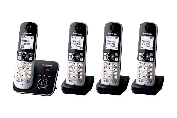 Panasonic KX-TG6824 Quattro DECT, GAP Schnurloses Telefon analog Anrufbeantworter, Freisprechen Schwarz, Silber