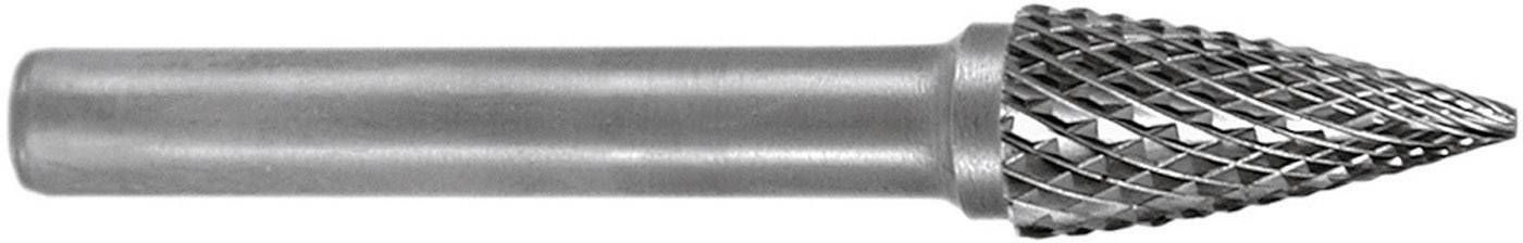 Ein kegelförmiger Schleifkopf aus Metall mit rautenförmiger Verzahnung, verwendet zum Schleifen oder Formen von Materialien.