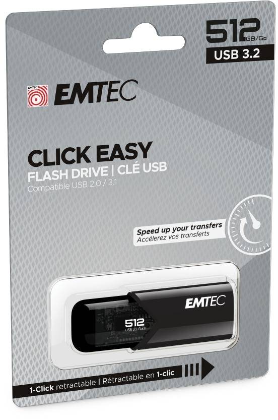 Emtec B110 Click Easy 3.2, 512 GB, USB Typ-A, 3.2 Gen 2 (3.1 Gen 2), 20 MB/s, Dia, Schwarz