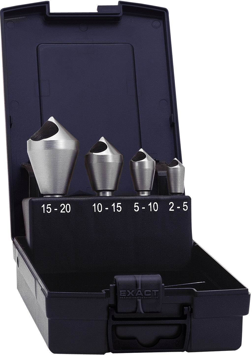 Vier Metall-Entgrater verschiedener Größen (15-20, 10-15, 5-10, 2-5 mm) in einer offenen schwarzen Kunststoffbox.
