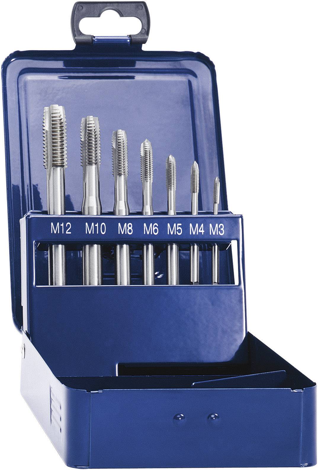 Metall-Schneideisen-Satz in blauer Box. Enthält Gewindebohrer von M3 bis M12, jeweils in Halterung einsortiert.