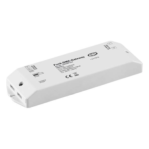 Ein weißes Funk-DMX-Gateway-Gerät der Marke CVM mit Modellnummer AD-DMG. Es zeigt technische Spezifikationen und Zertifizierungslogos.