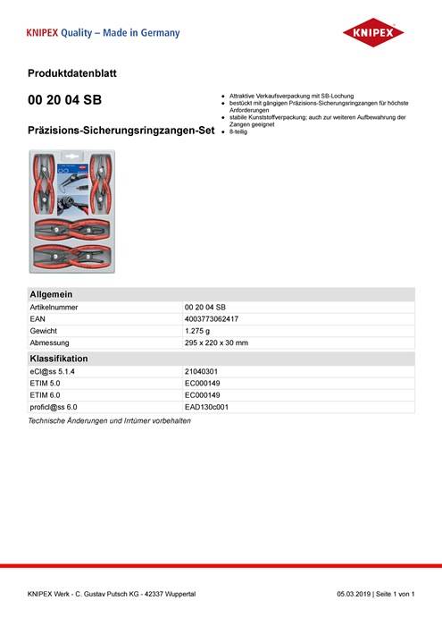 KNIPEX 00 20 04 SB Präzisions-Sicherungsringzangen-Set 8-teilig