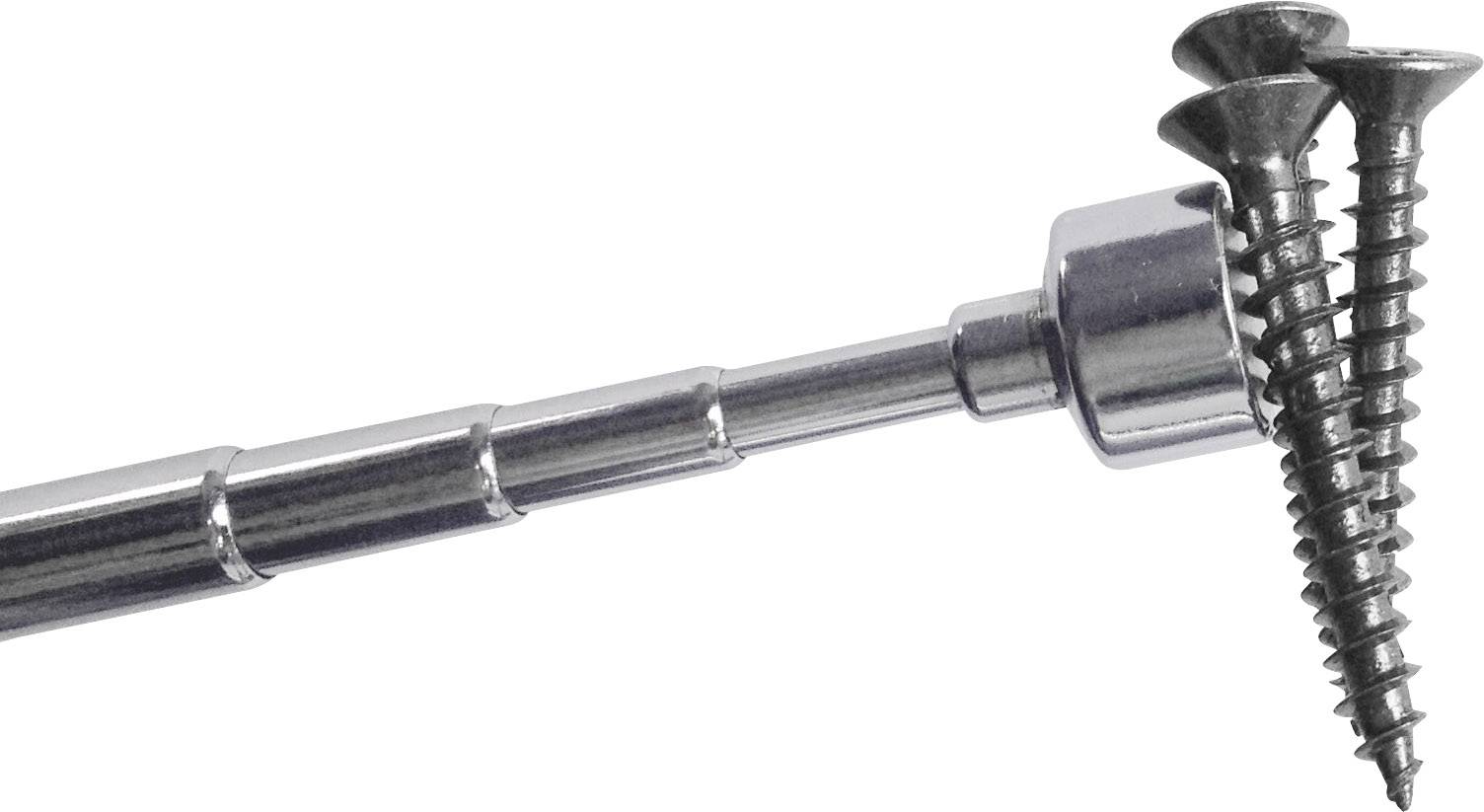 Drei Metallschrauben und ein magnetischer Bithalterstab in Nahaufnahme.