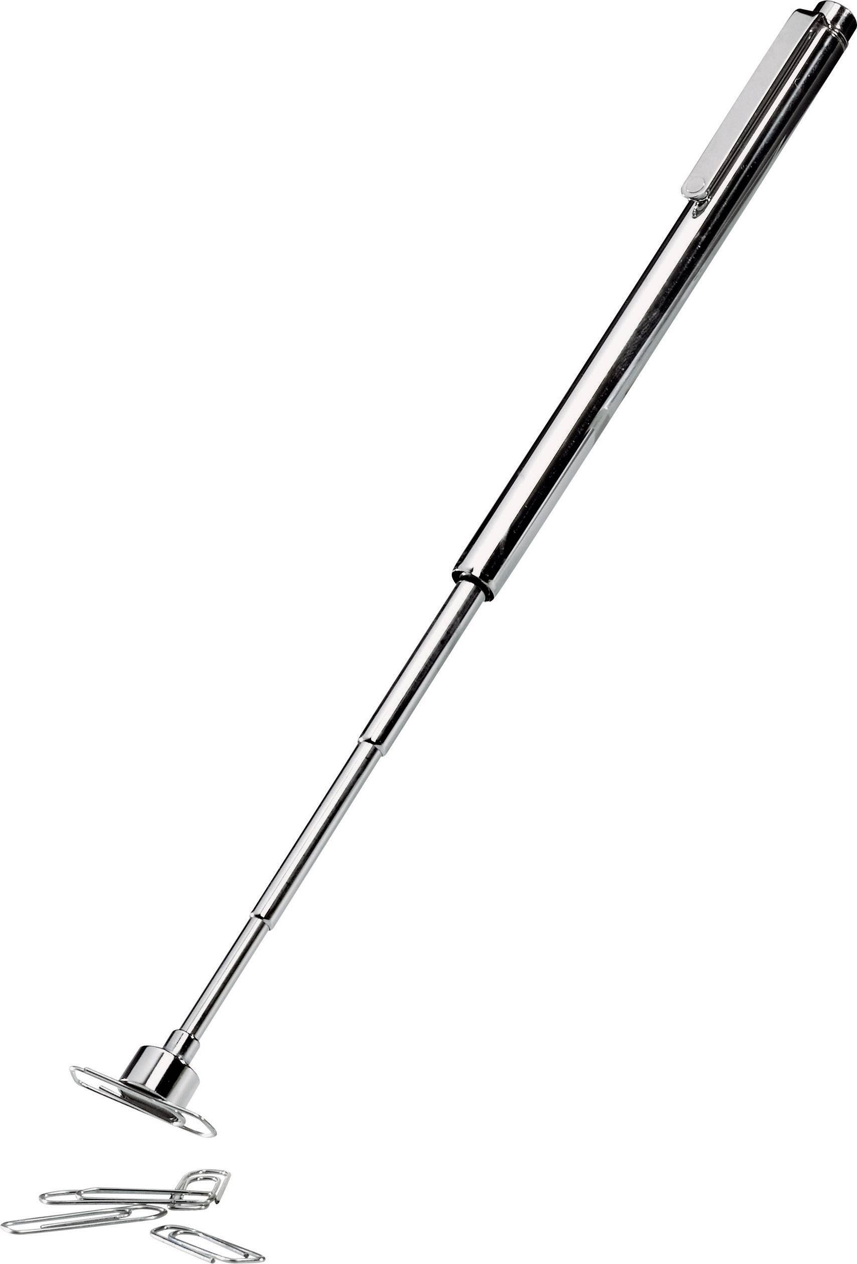 Ein ausziehbarer Magnetstab hebt mehrere Büroklammern vom Boden auf. Der Stab hat einen silbernen, stiftähnlichen Griff.
