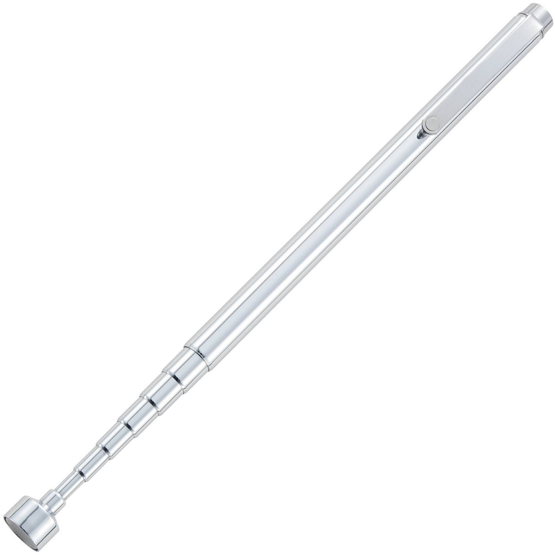 Ein ausziehbarer Magnetheber mit Tasche und Clip, ideal zum Aufheben kleiner metallischer Gegenstände in schwer zugänglichen Bereichen.