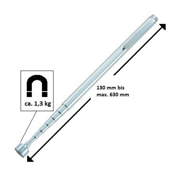 Ein ausziehbarer Magnetstab, Länge von 130 mm bis max. 630 mm, kann Gegenstände bis ca. 1,3 kg heben.