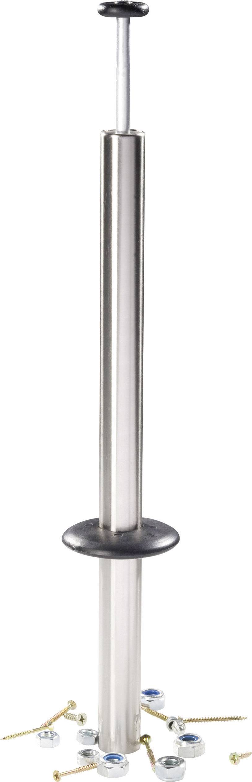 Ein langer, silberner Gegenstand mit Griff und Stützfuß. Unten sind Schrauben verteilt. Möglicherweise ein Werkzeug oder Gerät.