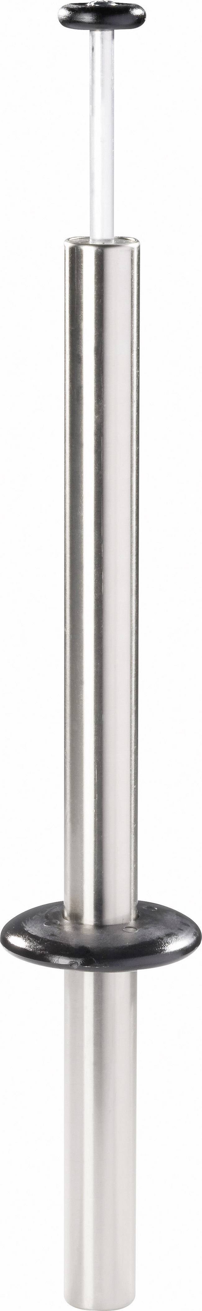 Metallischer Knoblauchschäler mit schwarzem Griff in zylindrischer Form, vertikal stehend.