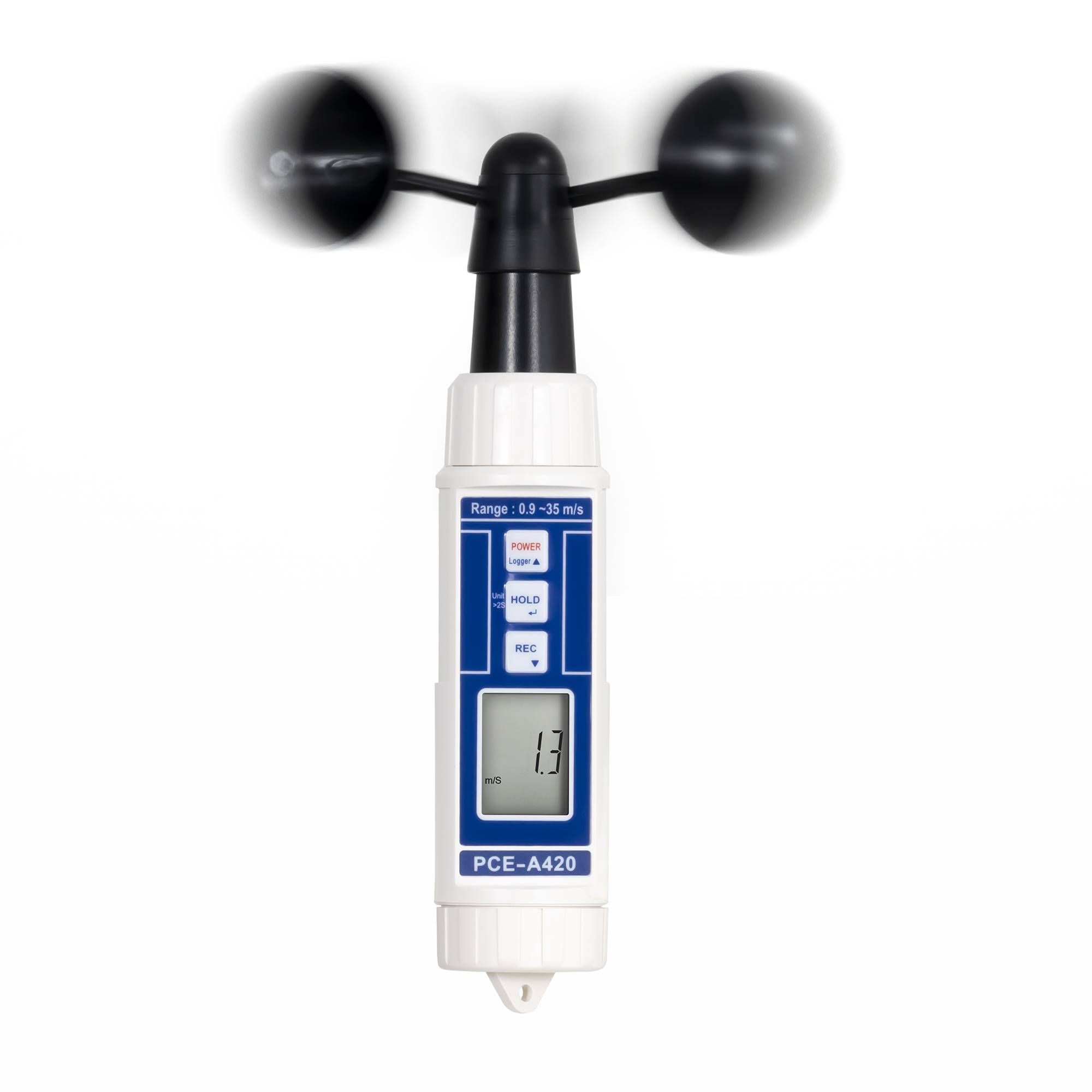 PCE Instruments Anemometer PCE-A420 |0,9 … 35,0 m/s |km/h |mph |ft/min |Knoten |inkl. Schalenkreuz |inkl. Speicher |IP65