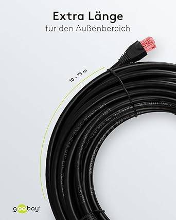 Goobay 55434 CAT 6 Netzwerkkabel Outdoor RJ45 Stecker Kupferleiter PE Mantel Ethernet LAN Kabel U/UTP Schwarz 20m