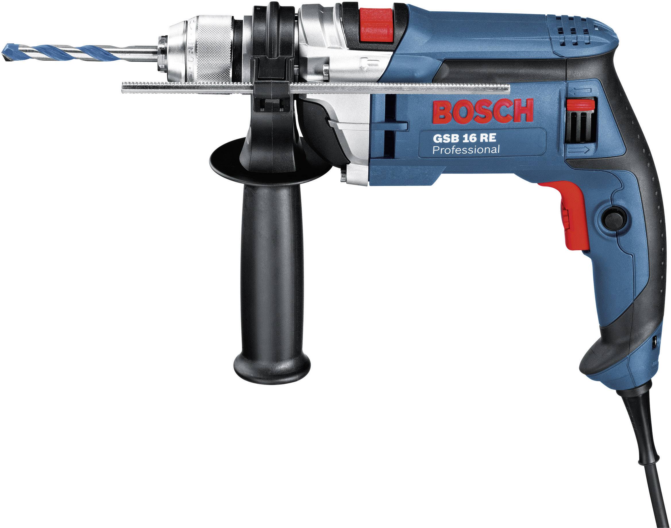 Eine blaue Bosch-Bohrmaschine mit schwarzem Griff, Modell 'GSB 16 RE Professional', ist abgebildet.