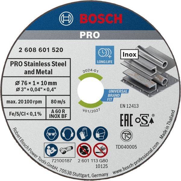 Bosch Accessories 2608601520 Trennscheibe Expert for Inox A 60 R INOX BF, 76 mm, 10 mm, 1 mm