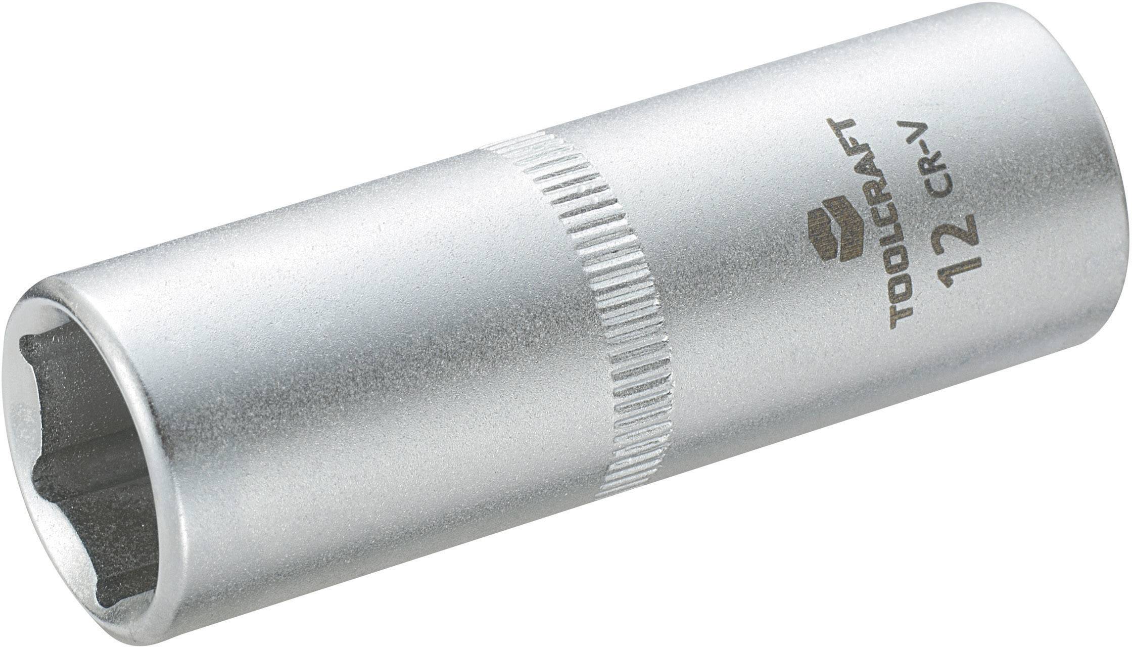 Zylindrische Nuss aus Metall mit sechseckigem Profil, geeignet für Schrauben. Beschriftung: 'TOOLCRAFT 12 CR-V'.