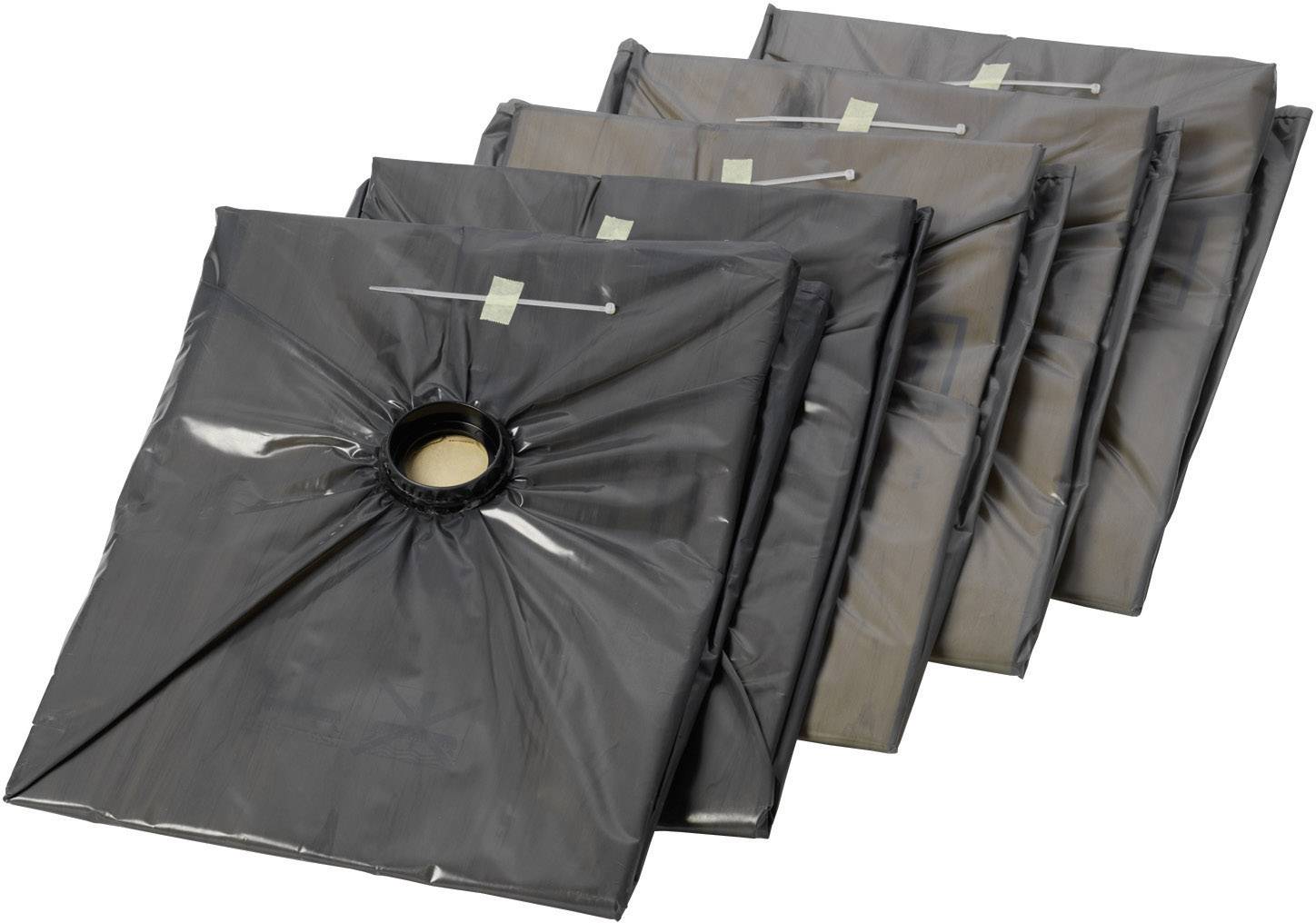 Sechs schwarze Staubsaugerbeutel mit zentrischer Öffnung, in einer leicht versetzten Stapelung angeordnet.