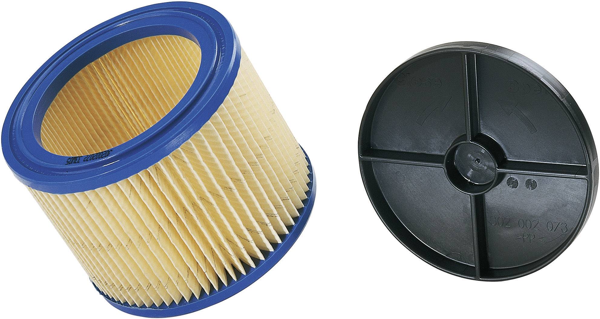 Luftfilter und Abdeckung. Der zylindrische Filter hat gelbe Falten und einen blauen Rand, daneben eine schwarze runde Abdeckung.