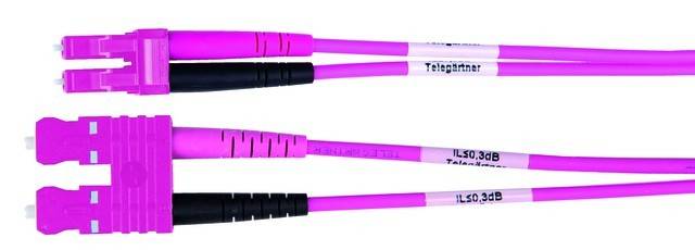 TELEGÄRTNER LWL Adapterkabel 2x G50/125 OM4, 1x SC Duplex - 1x LC Duplex, violett, 3m