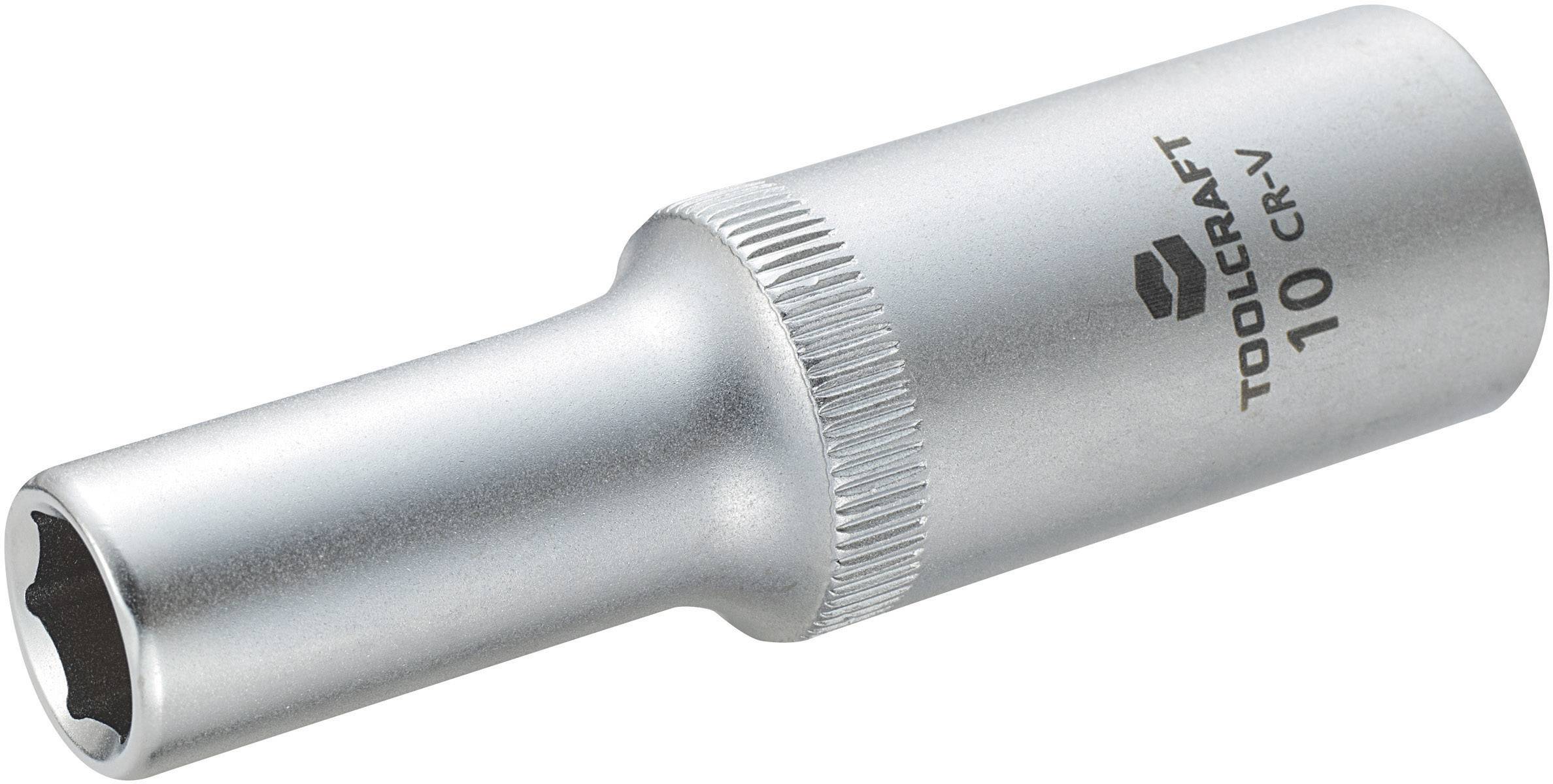 Metallische Stecknuss mit Markierung 'TOOLCRAFT 10 CR-V', zylindrische Form, gerändelte Mittelpartie, zur Verwendung mit Schraubenschlüsseln.