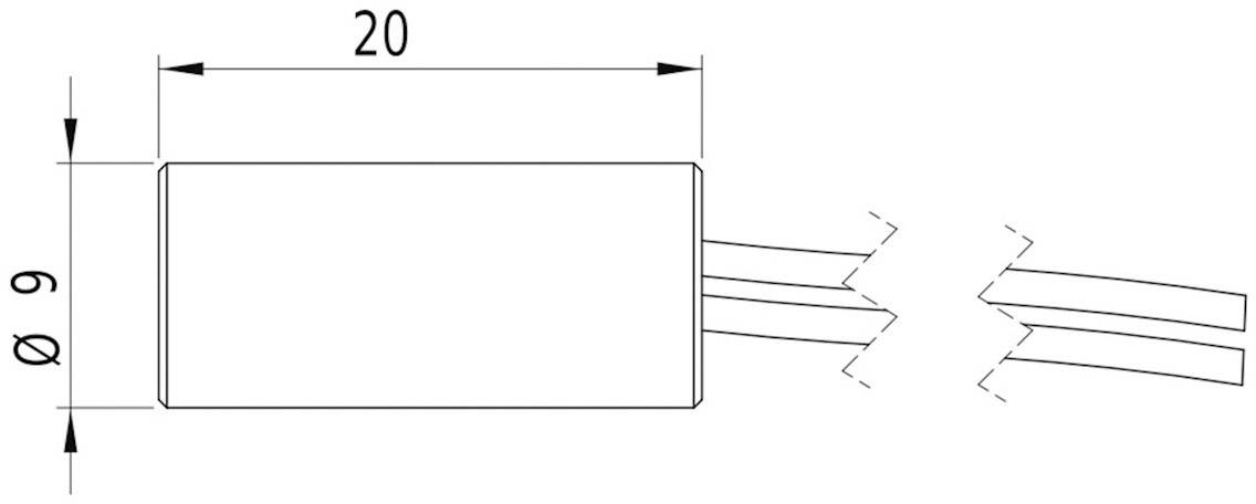 Technische Zeichnung eines rechteckigen Bauteils mit den Maßen 20x9 mm, versehen mit drei abgehenden Kabeln rechts.