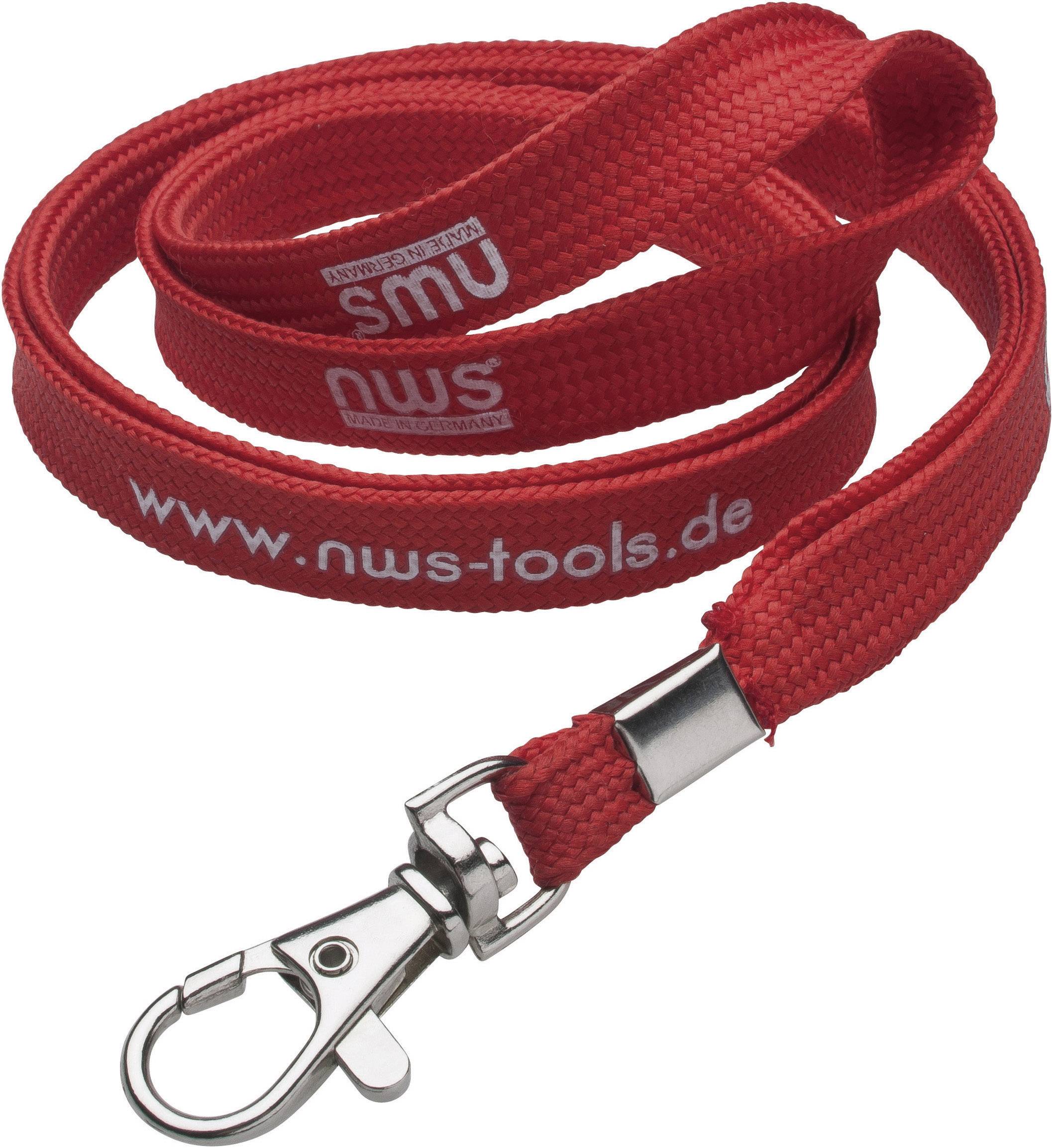 Rotes Schlüsselband mit Metallclip und der Aufschrift 'www.nws-tools.de'.