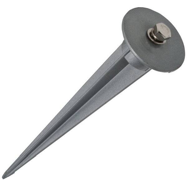 Metallischer Bodennagel mit runder, flacher Kopfplatte und Schraube, verwendet zur sicheren Befestigung von Strukturen im Boden.