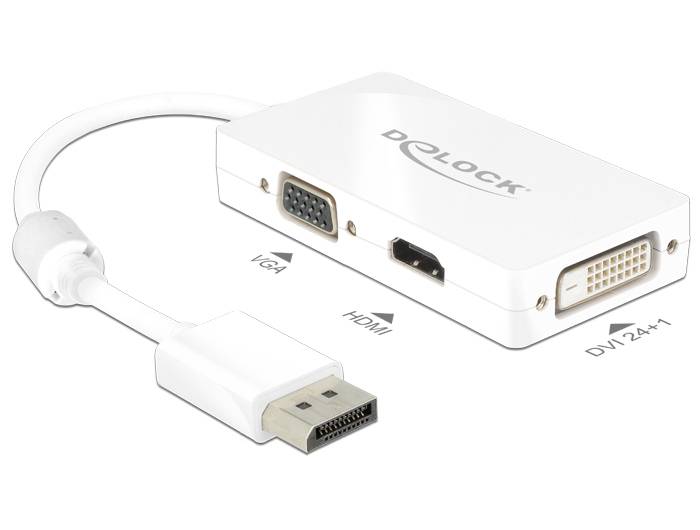 Delock 62655 DisplayPort / VGA / HDMI / DVI Adapter [1x DisplayPort Stecker - 1x VGA-Buchse, HDMI-Buchse, DVI-Buchse 24+1pol.] Weiß mit Ferritkern