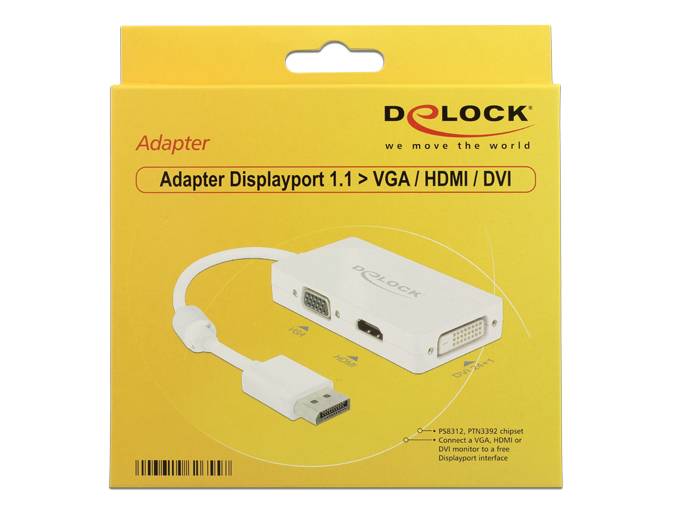 Delock 62655 DisplayPort / VGA / HDMI / DVI Adapter [1x DisplayPort Stecker - 1x VGA-Buchse, HDMI-Buchse, DVI-Buchse 24+1pol.] Weiß mit Ferritkern