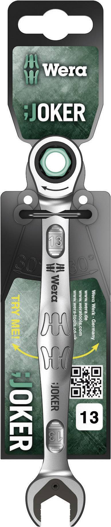 Ein Schraubenschlüssel der Marke Wera, Modell 'Joker', mit einem Ring-Maul-Kopf, auf einer Verpackung mit Logo und QR-Code abgebildet.