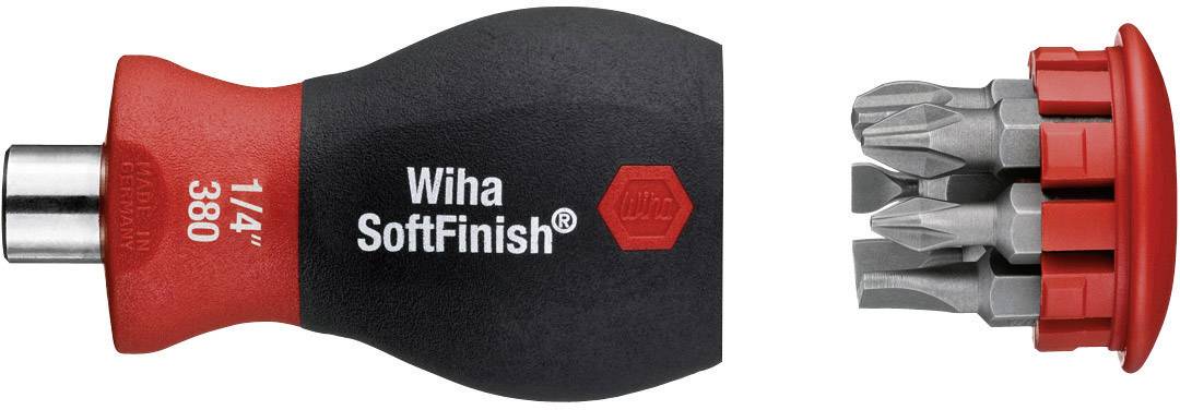 'Wiha SoftFinish'-Schraubendrehergriff mit auswechselbarem Bitsatz, inklusive Kreuz- und Schlitzbit, auf weißem Hintergrund.