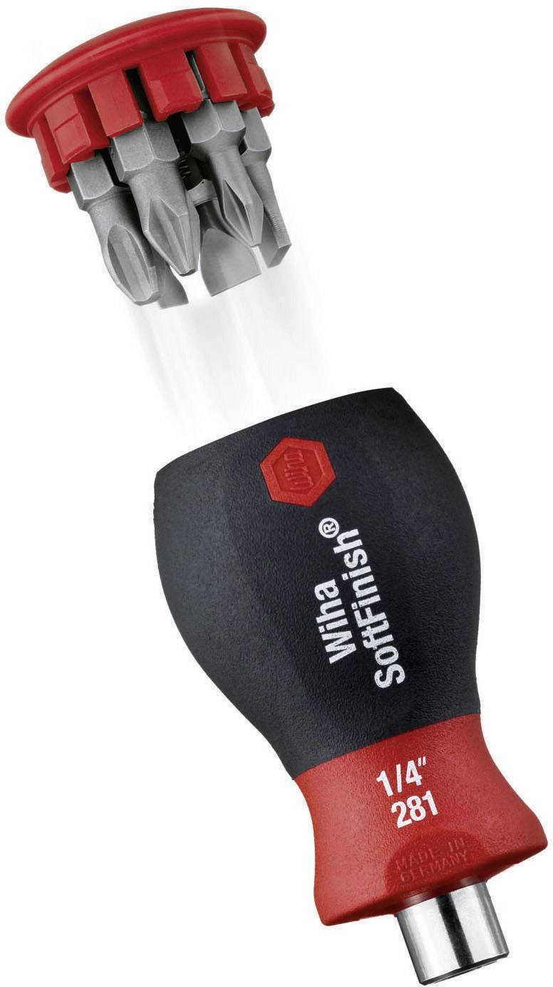 Schraubendrehergriff von Wiha mit integriertem Bitsatz. Der Griff ist ergonomisch gestaltet und enthält mehrere Bits im Inneren.