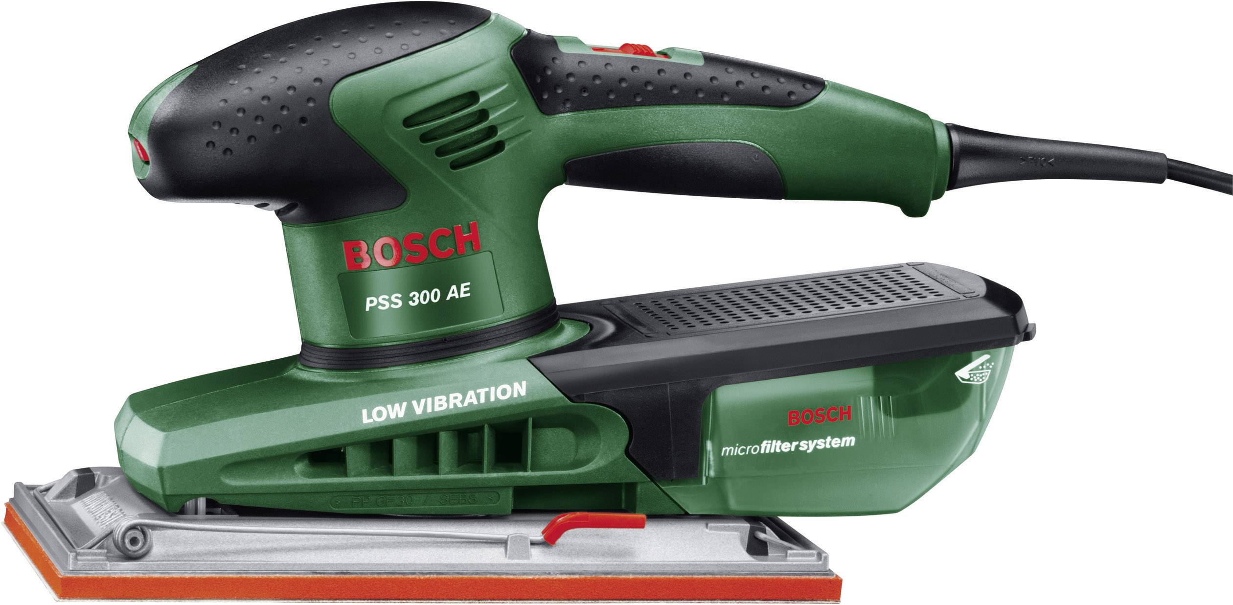 Grüner und schwarzer Bosch PSS 300 AE Schwingschleifer mit rotem Knopf und Text 'LOW VIBRATION' und 'microfiltersystem' auf der Oberfläche.