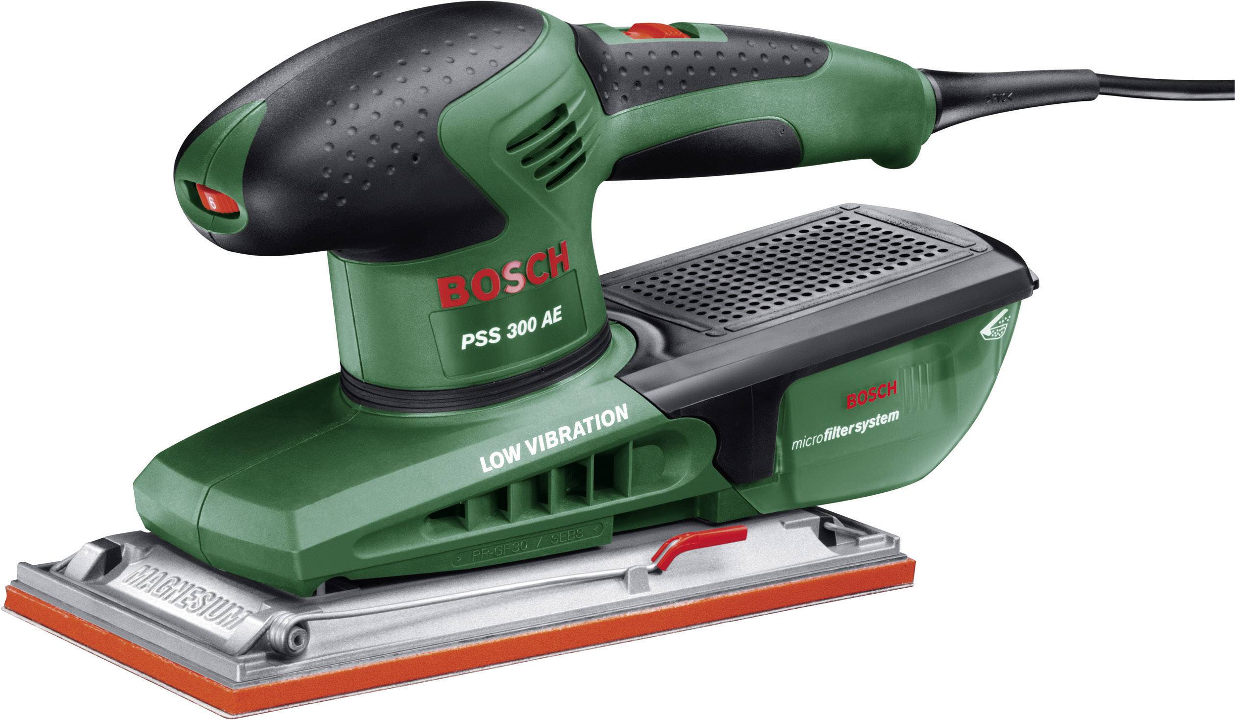 Elektrischer Bosch Schwingschleifer, Modell PSS 300 AE, grün-schwarz, mit Staubfangbox, geeignet für glatte Oberflächenbearbeitung.