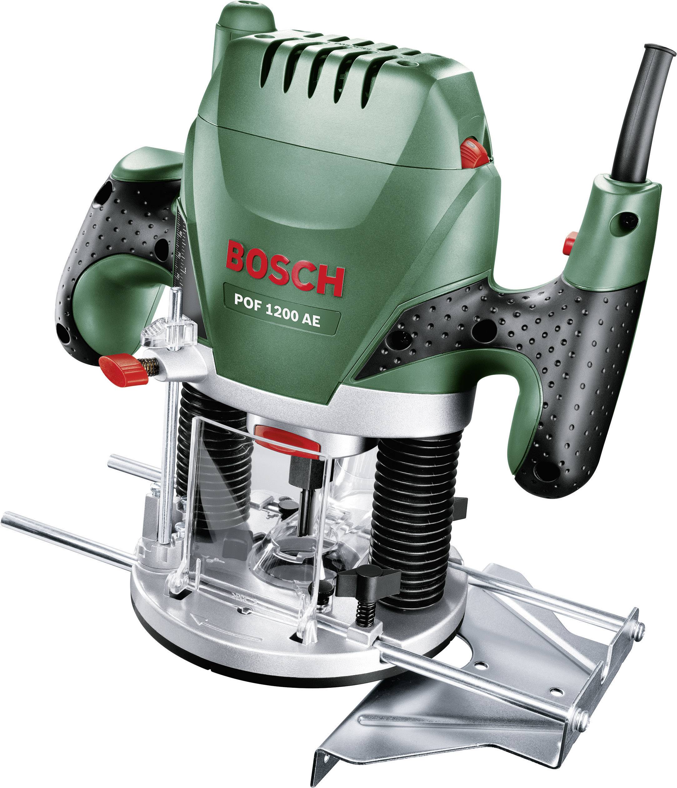 Oberfräse 'Bosch POF 1200 AE'. Grüne Fräse mit zwei Griffen und Silberschaft, geeignet für präzise Holzbearbeitung.