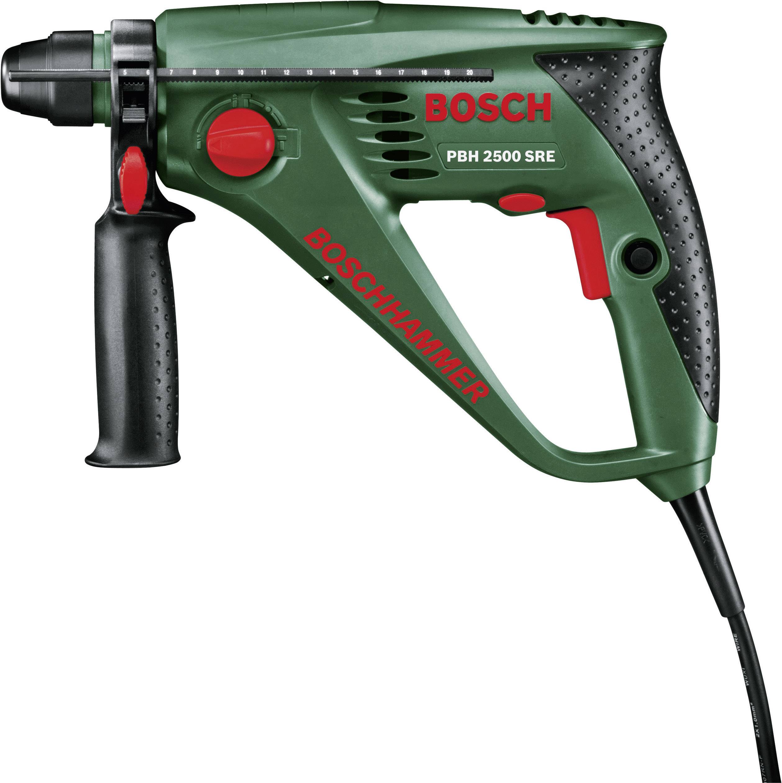 Ein grüner elektrischer Bohrhammer mit rotem Schalter und schwarzem Griff, auf dem 'Boschhammer PBH 2500 SRE' steht.