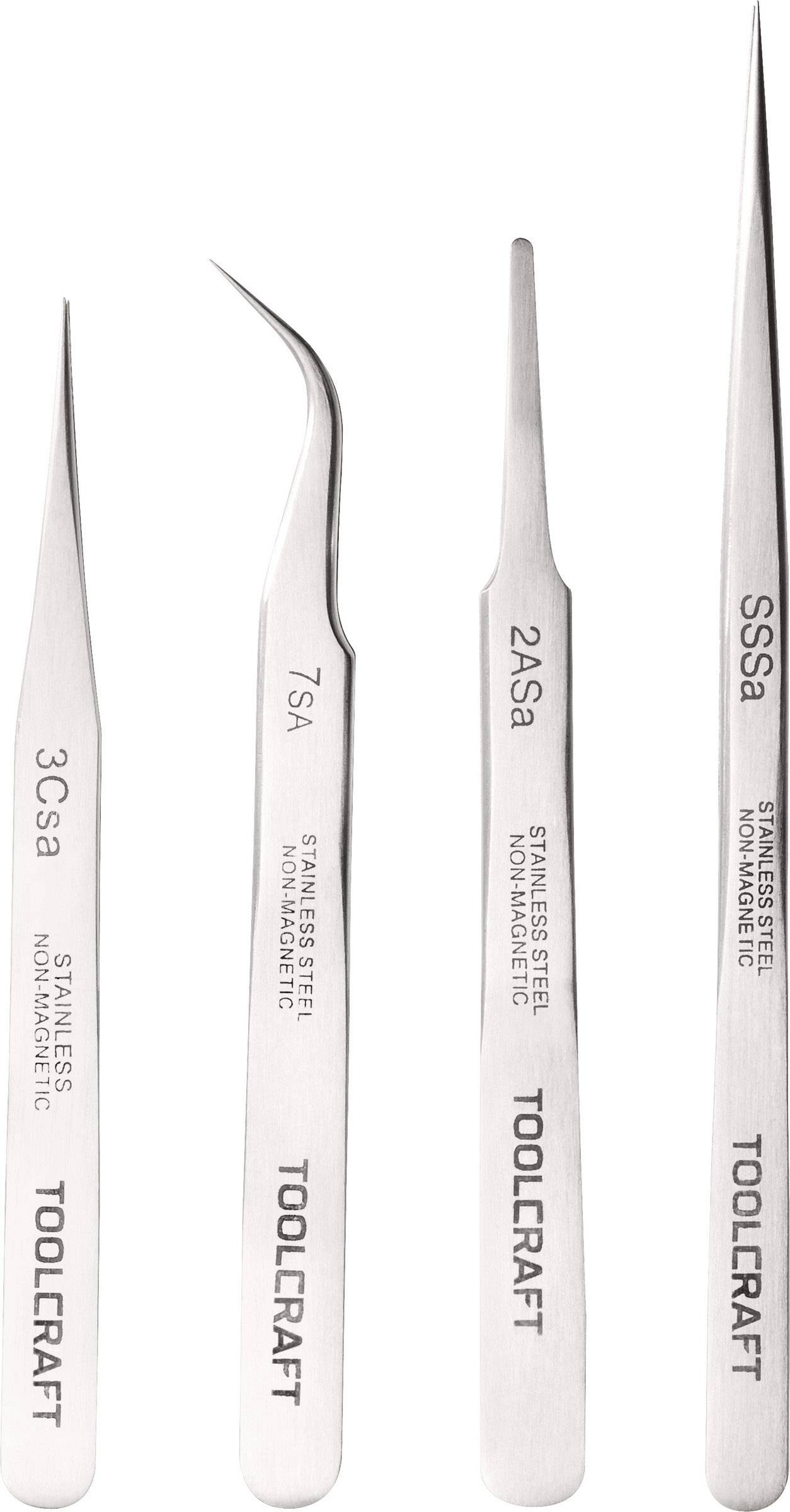 TOOLCRAFT 816747 Pinzetten-Set 4teilig SS SA, 2a SA, 7 SA, 3c SA Flach-rund, Sichelspitze, gebogen 55°, Spitz, Spitz, schlank