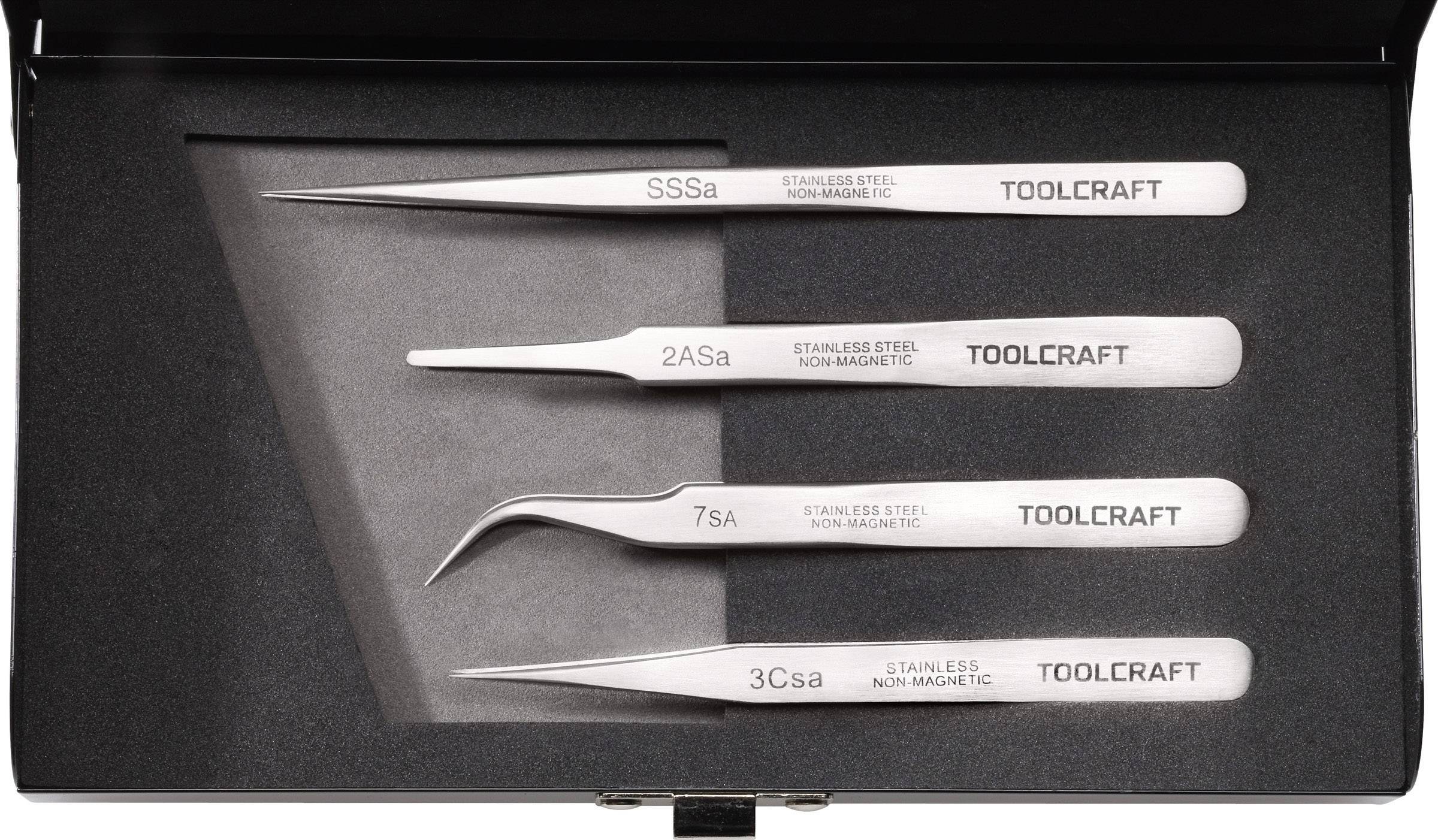 TOOLCRAFT 816747 Pinzetten-Set 4teilig SS SA, 2a SA, 7 SA, 3c SA Flach-rund, Sichelspitze, gebogen 55°, Spitz, Spitz, schlank