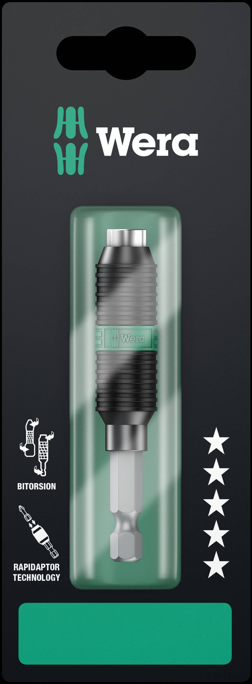 Verpackung eines Bit-Halters von Wera mit Rapidaptor-Technologie. Zeigt Funktion und Design des Produkts.