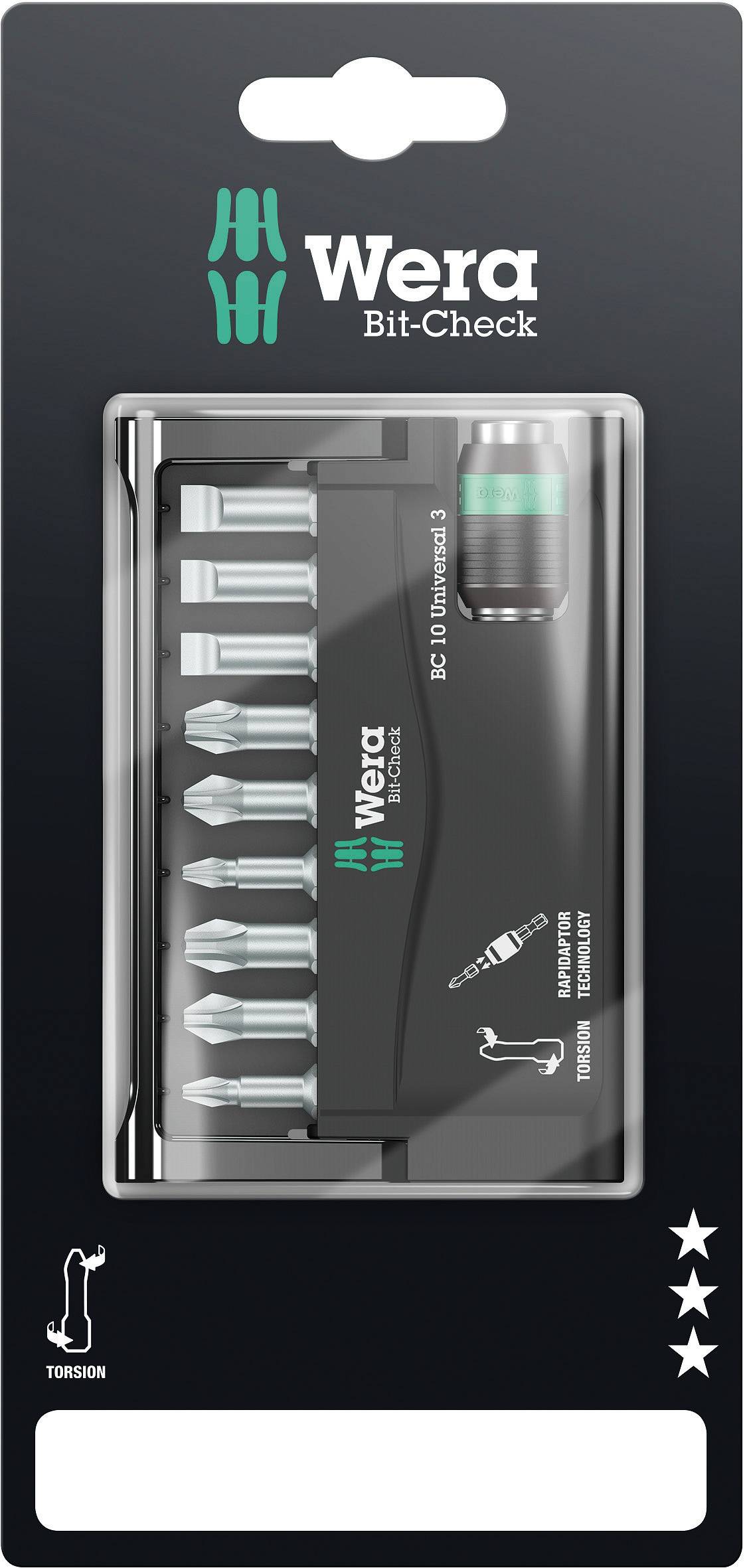 'Wera Bit-Check': Satz Schraubaufsätze in einer Halterung. Verschiedene Bitformen sichtbar. Verpackung schwarz mit grün-weißer Schrift.