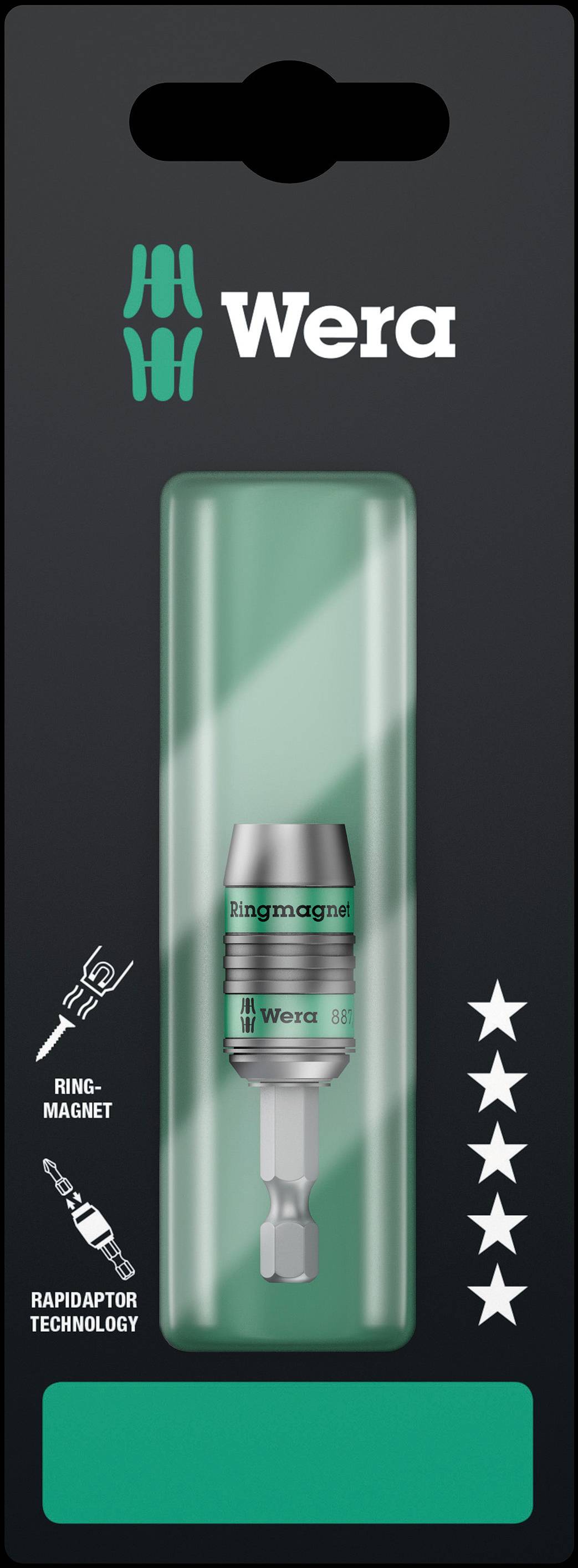 Verpackung von Wera Bit-Halter mit Ringmagnet und Rapidaptor-Technologie, ideal für präzises Bits-Wechseln; fünf Sterne Bewertungssymbol.