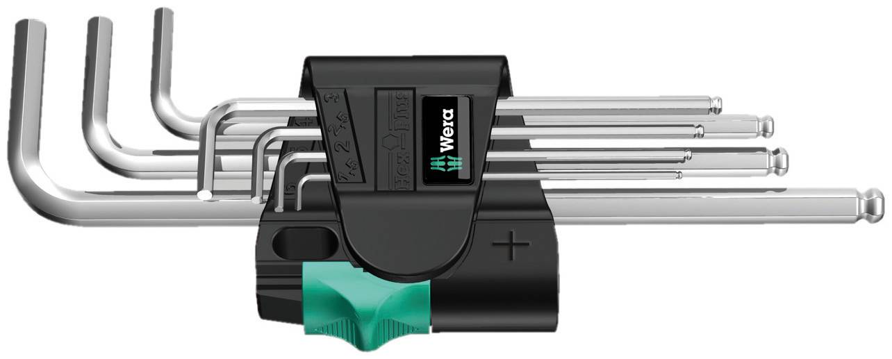 'Wera Hex-Plus Winkelschlüsselsatz' mit neun silbernen Inbusschlüsseln in verschiedenen Größen, in einem schwarzen Halter.