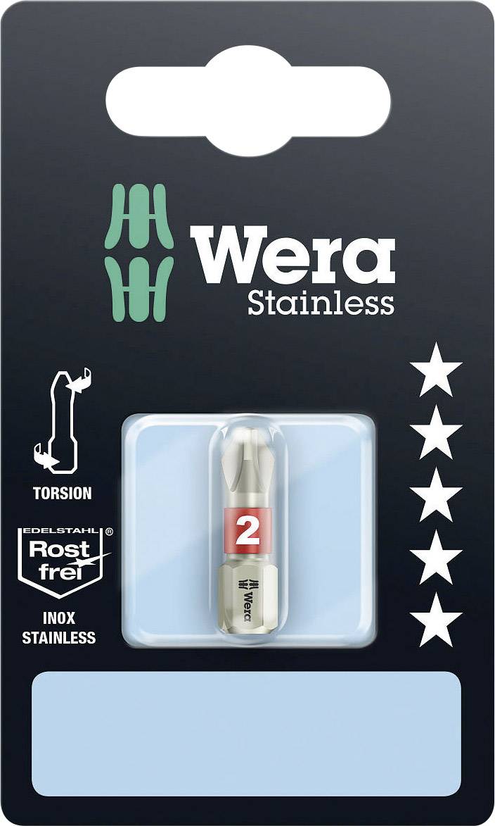Ein Schraubbit von Wera aus Edelstahl, mit der Aufschrift '2' in rotem Kreis, in einer schwarzen Verpackung mit Torsion- und Rostfrei-Symbolen.