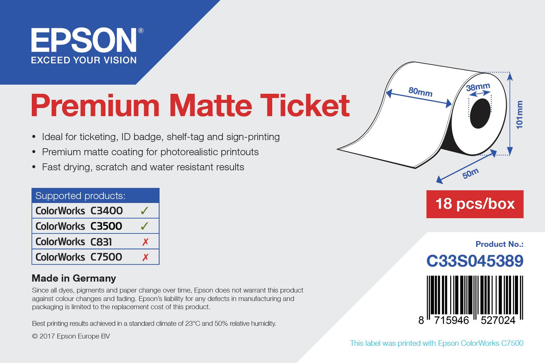 Epson Premium - Matt - Rolle (8 cm x 50 m) 1 Rolle(n) Tickets - für Epson GP-C83