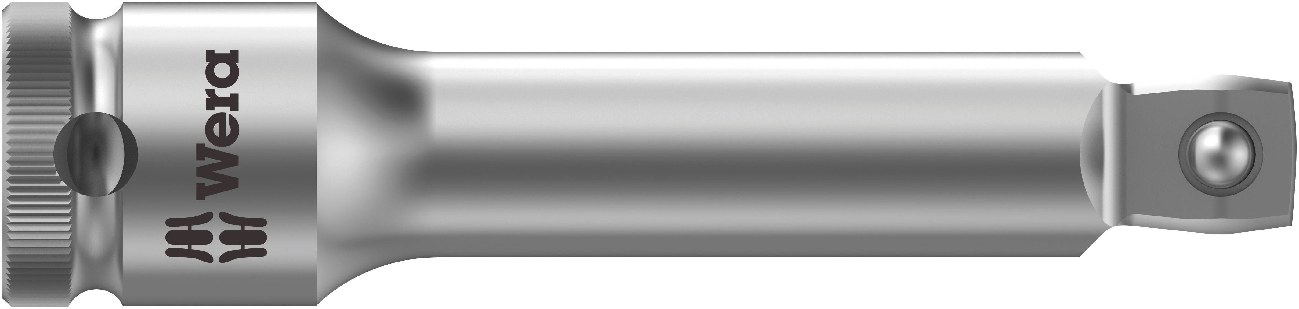 Metallischer Adapter mit 'Wera' Logo; für handwerkliche Anwendungen, verbindet Werkzeuge mit verschiedenen Stecknüssen.